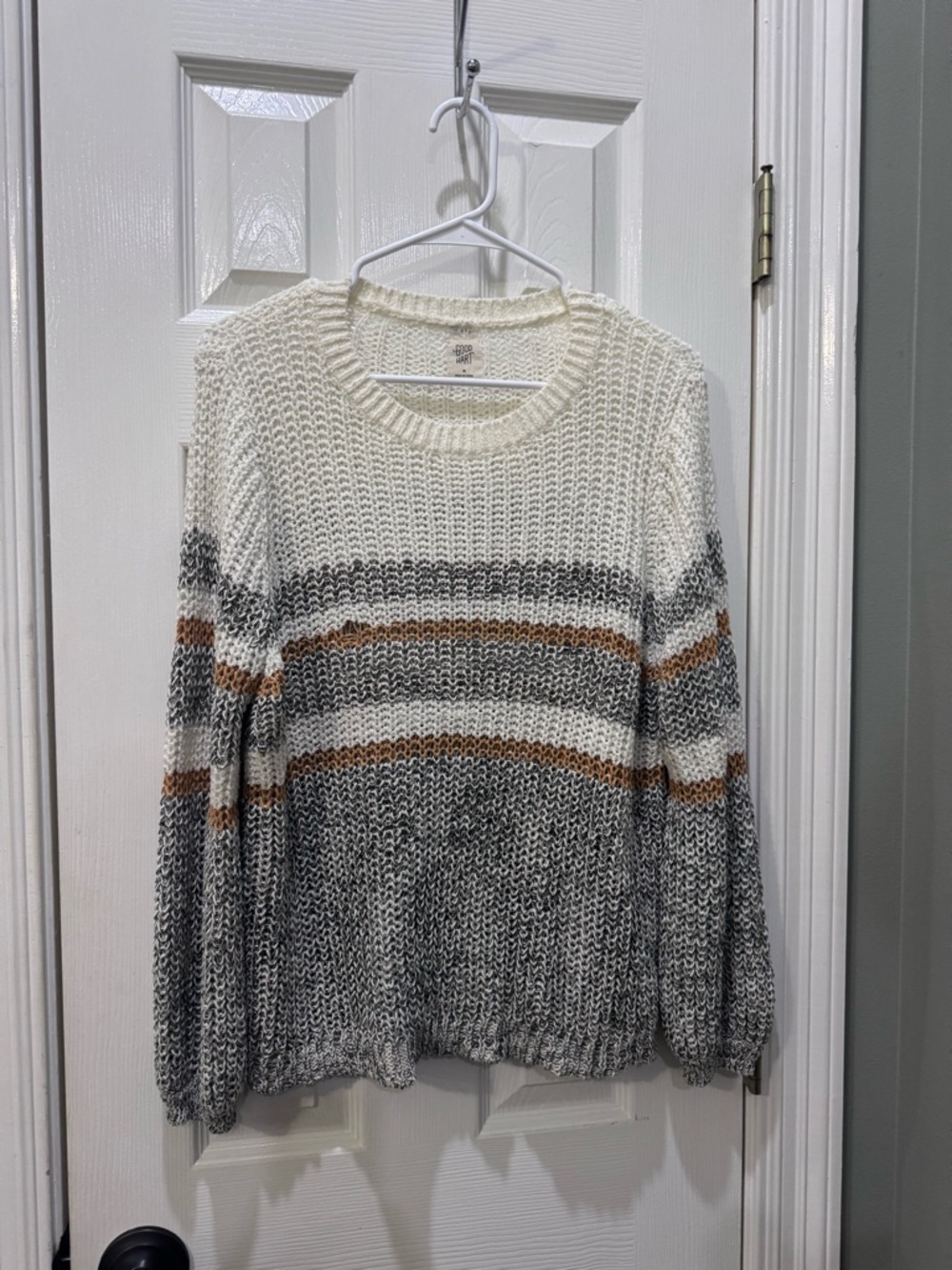 Good Hart Striped Crewneck Sweater in Cream, Gray & Brown